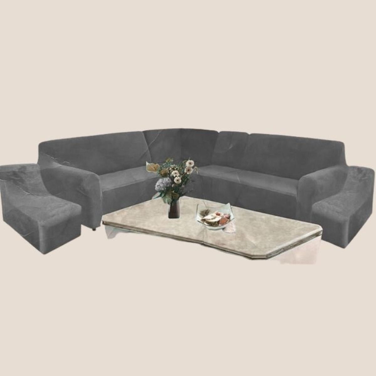 SALA FABULOSA - Funda de mueble modular 6 pzs terciopelo liso con 6 fundas de cojines - Plomo