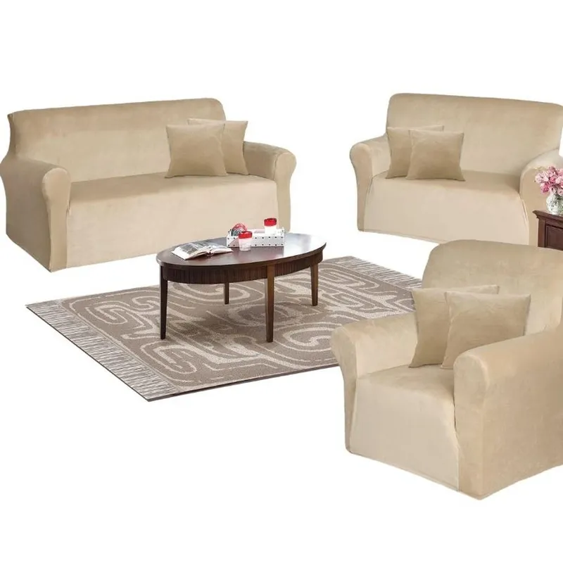 SALA FABULOSA - Funda de mueble 3-2-1 en terciopelo liso con 6 fundas de cojines - Beige