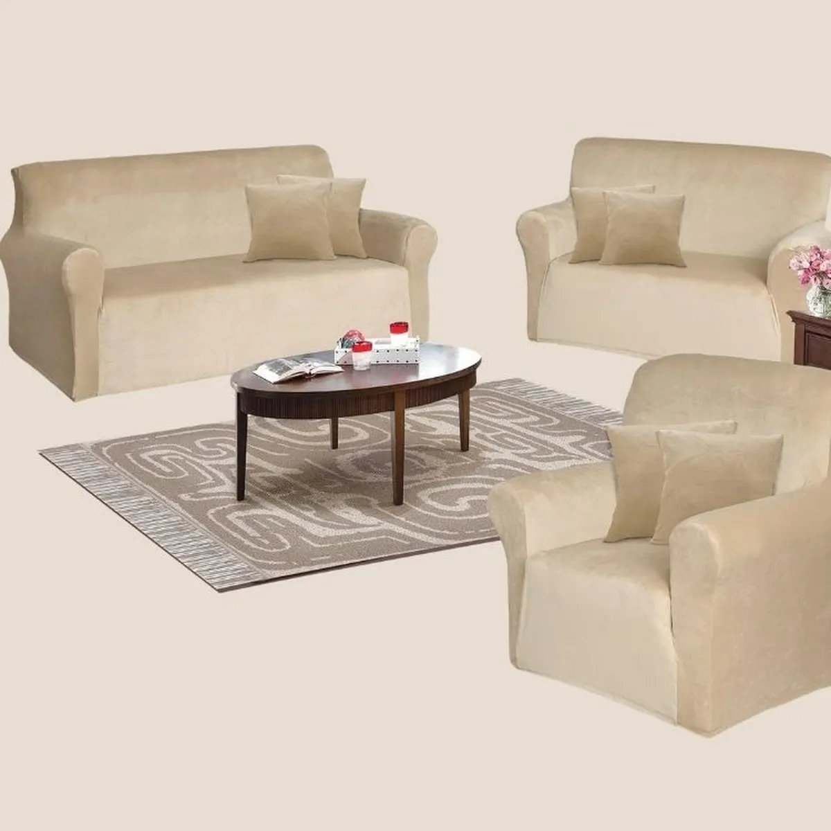 SALA FABULOSA - Funda de mueble 3-2-1 en terciopelo liso con 6 fundas de cojines - Beige