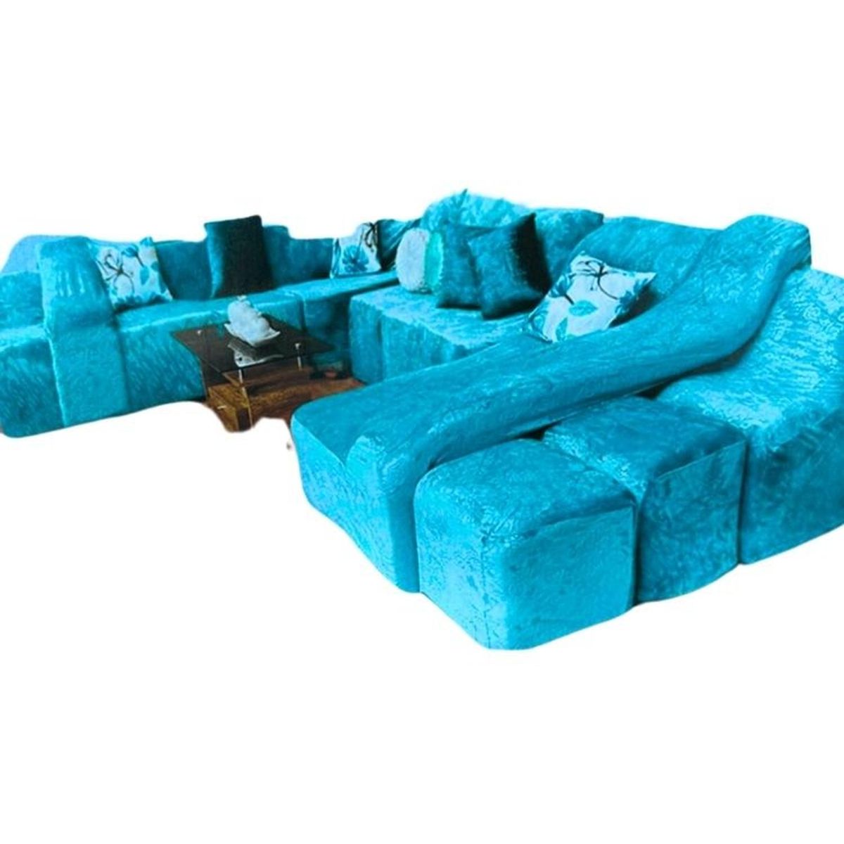 SALA FABULOSA - Funda de SOFÁ CAMA 9 piezas terciopelo liso con 6 fundas cojín - Turquesa