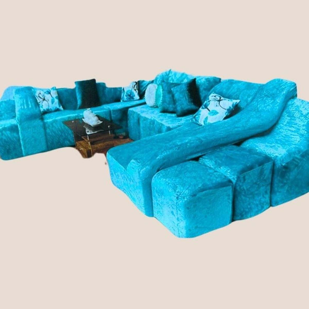 SALA FABULOSA - Funda de SOFÁ CAMA 9 piezas terciopelo liso con 6 fundas cojín - Turquesa