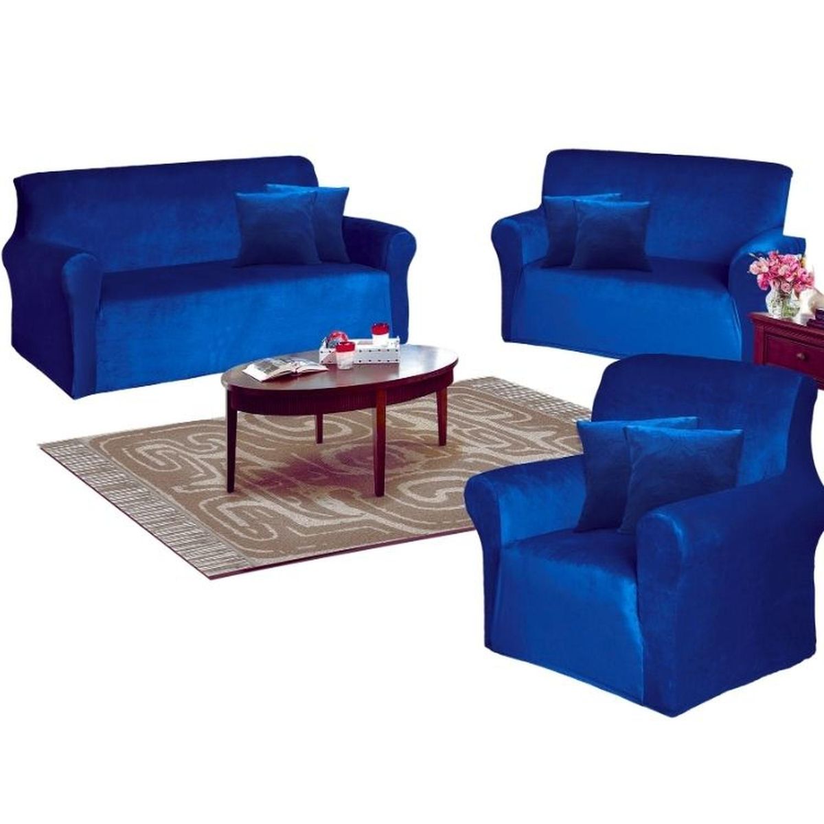 SALA FABULOSA - Funda de mueble 3-2-1 en terciopelo liso con 6 fundas de cojines - Azul
