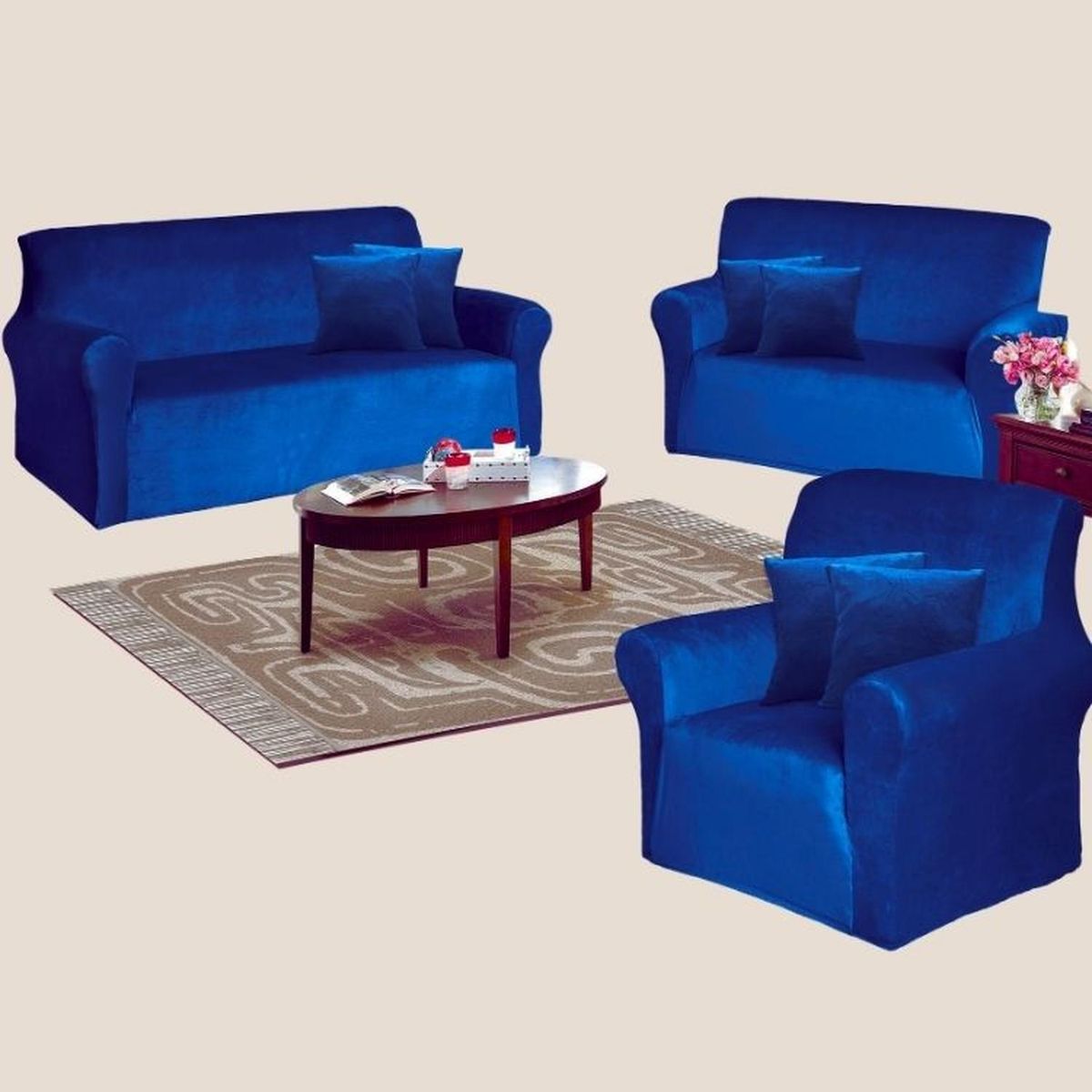 SALA FABULOSA - Funda de mueble 3-2-1 en terciopelo liso con 6 fundas de cojines - Azul