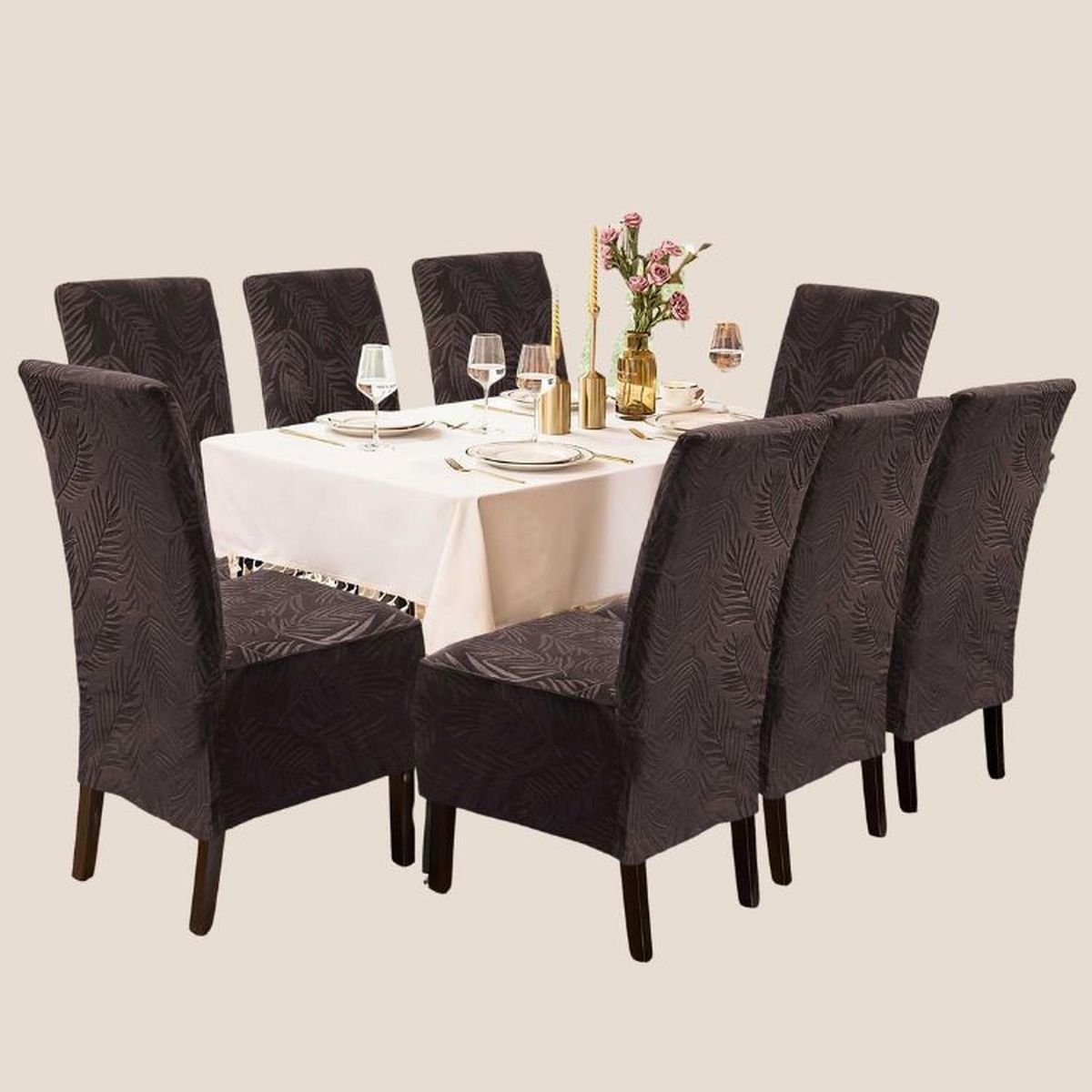 SALA FABULOSA - Funda de silla terciopelo labrado 8 piezas - Chocolate Intenso