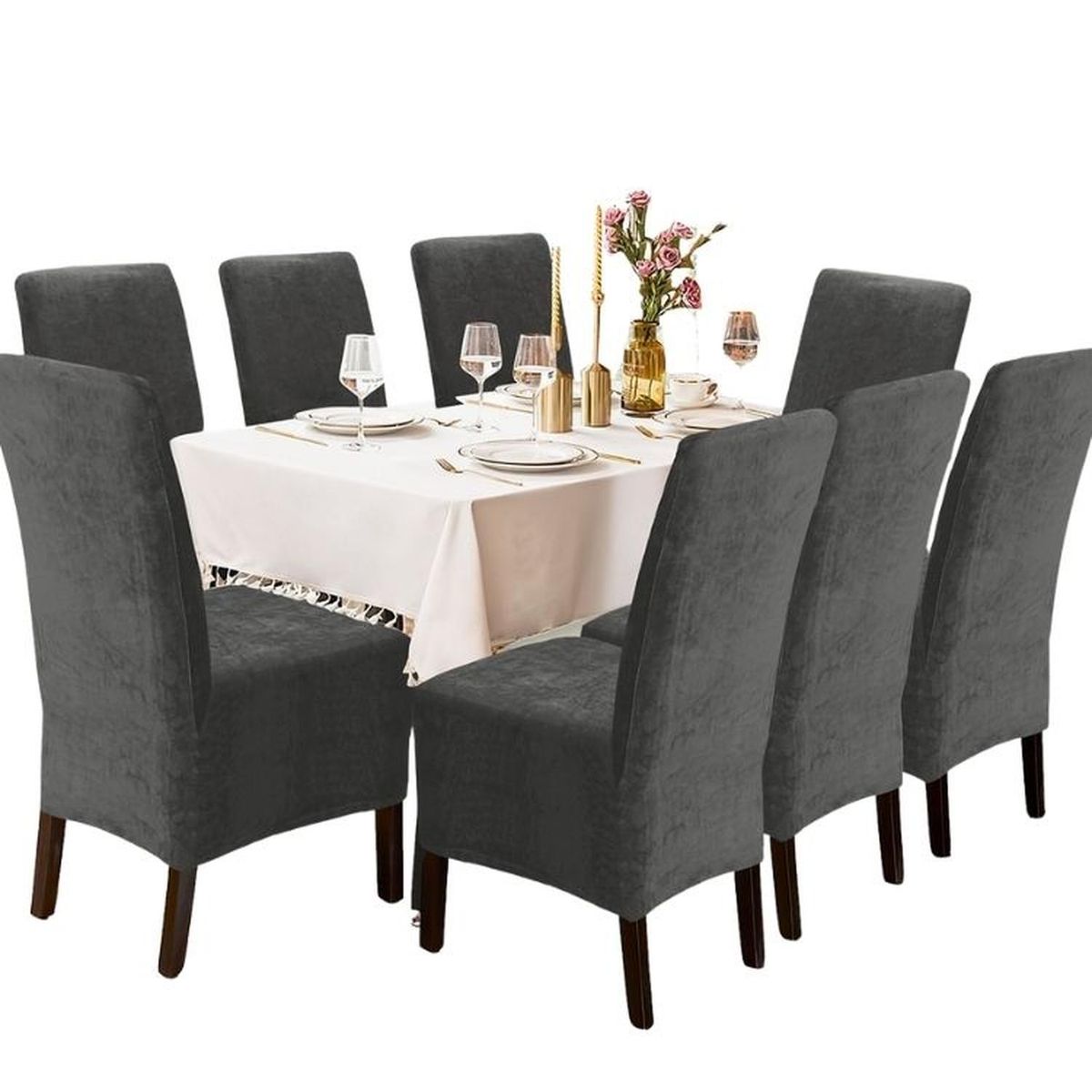 SALA FABULOSA - Funda de silla en terciopelo liso 8 piezas - Plomo