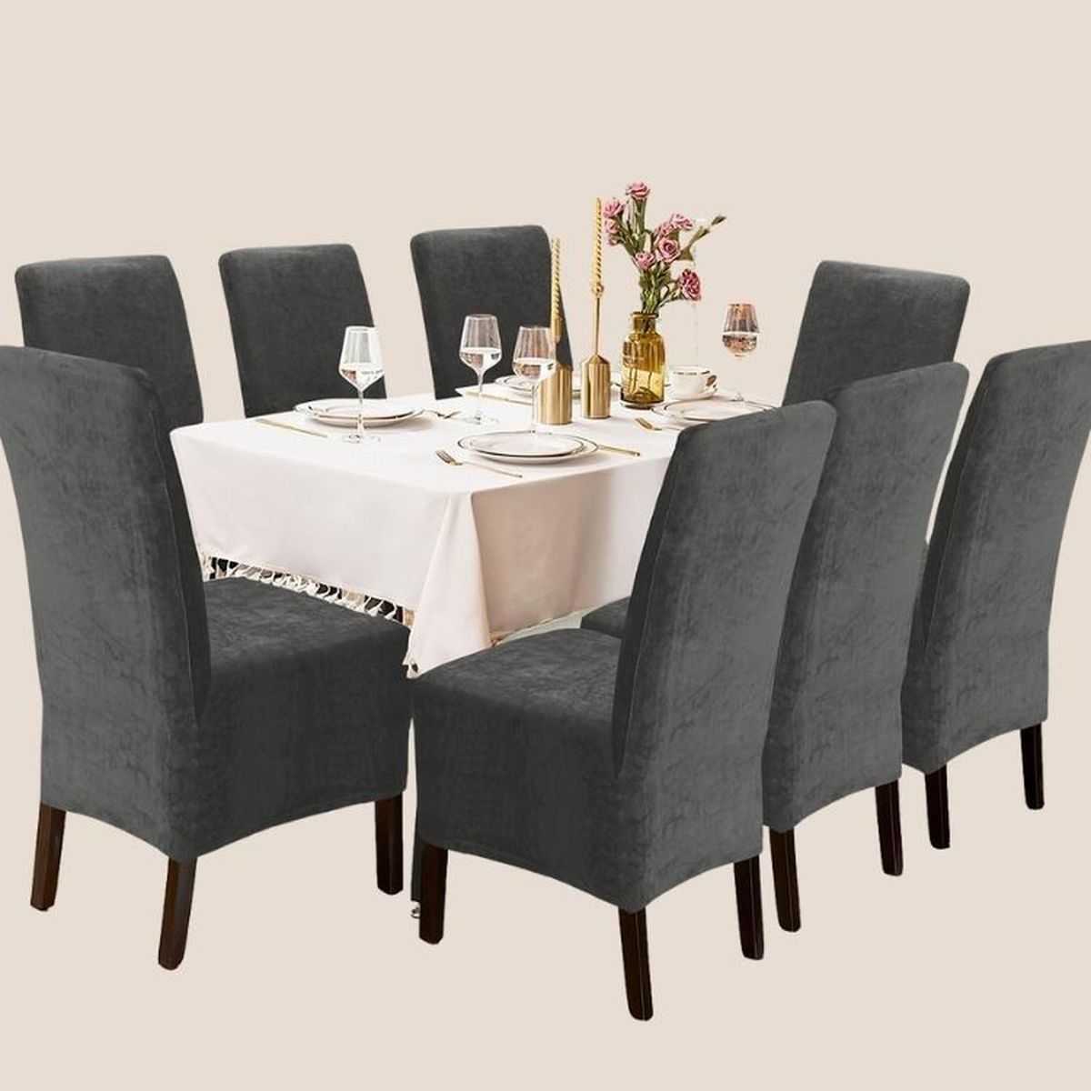 SALA FABULOSA - Funda de silla en terciopelo liso 8 piezas - Plomo