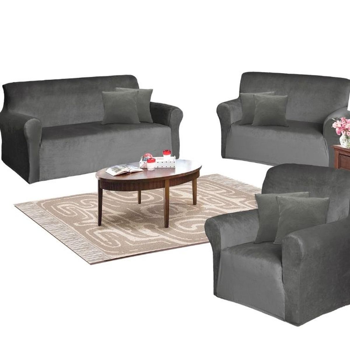 SALA FABULOSA - Funda de mueble 3-2-1 en terciopelo liso con 6 fundas de cojines - Plomo