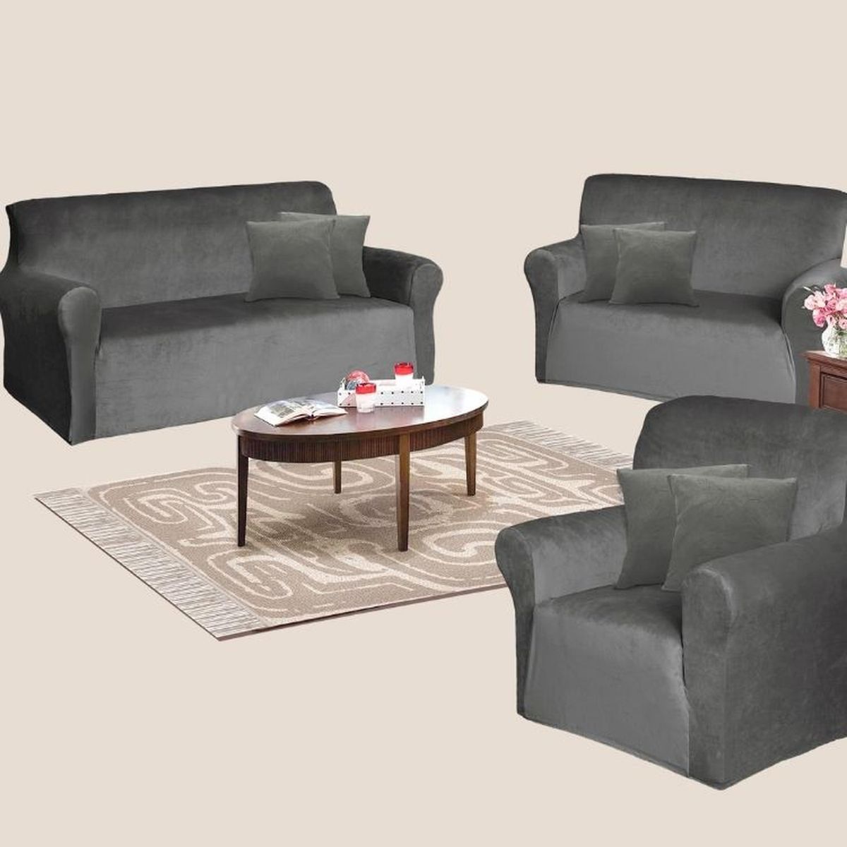 SALA FABULOSA - Funda de mueble 3-2-1 en terciopelo liso con 6 fundas de cojines - Plomo