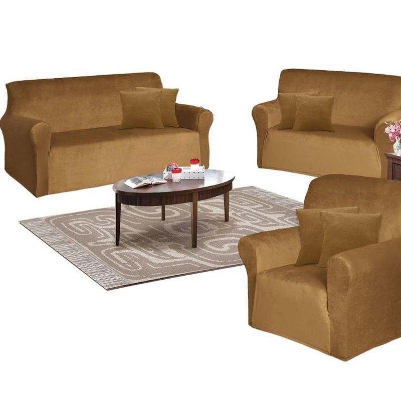 SALA FABULOSA - Funda de mueble 3-2-1 en terciopelo liso con 6 fundas de cojines - Camel