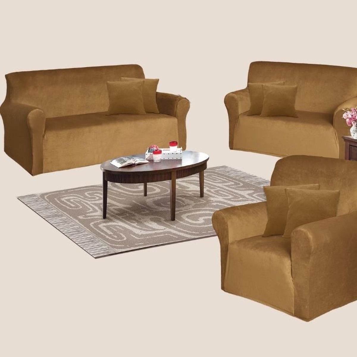 SALA FABULOSA - Funda de mueble 3-2-1 en terciopelo liso con 6 fundas de cojines - Camel