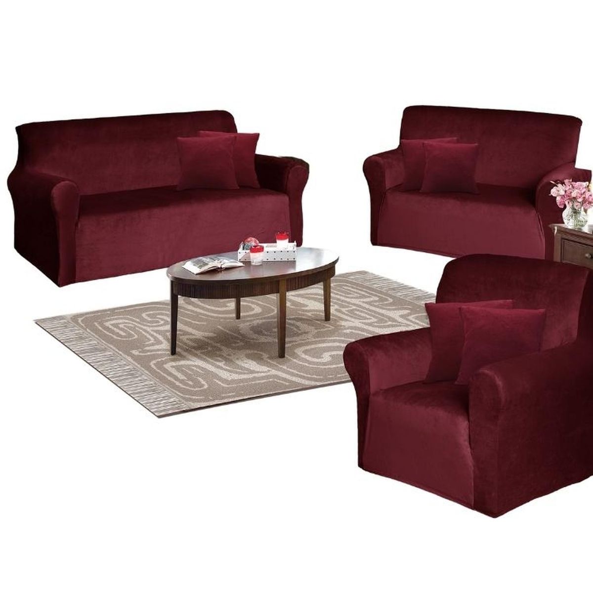 SALA FABULOSA - Funda de mueble 3-2-1 en terciopelo liso con 6 fundas de cojines - Guinda