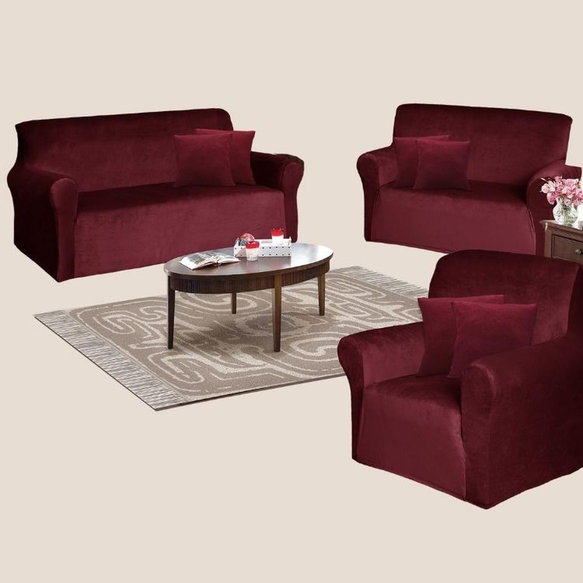 SALA FABULOSA - Funda de mueble 3-2-1 en terciopelo liso con 6 fundas de cojines - Guinda