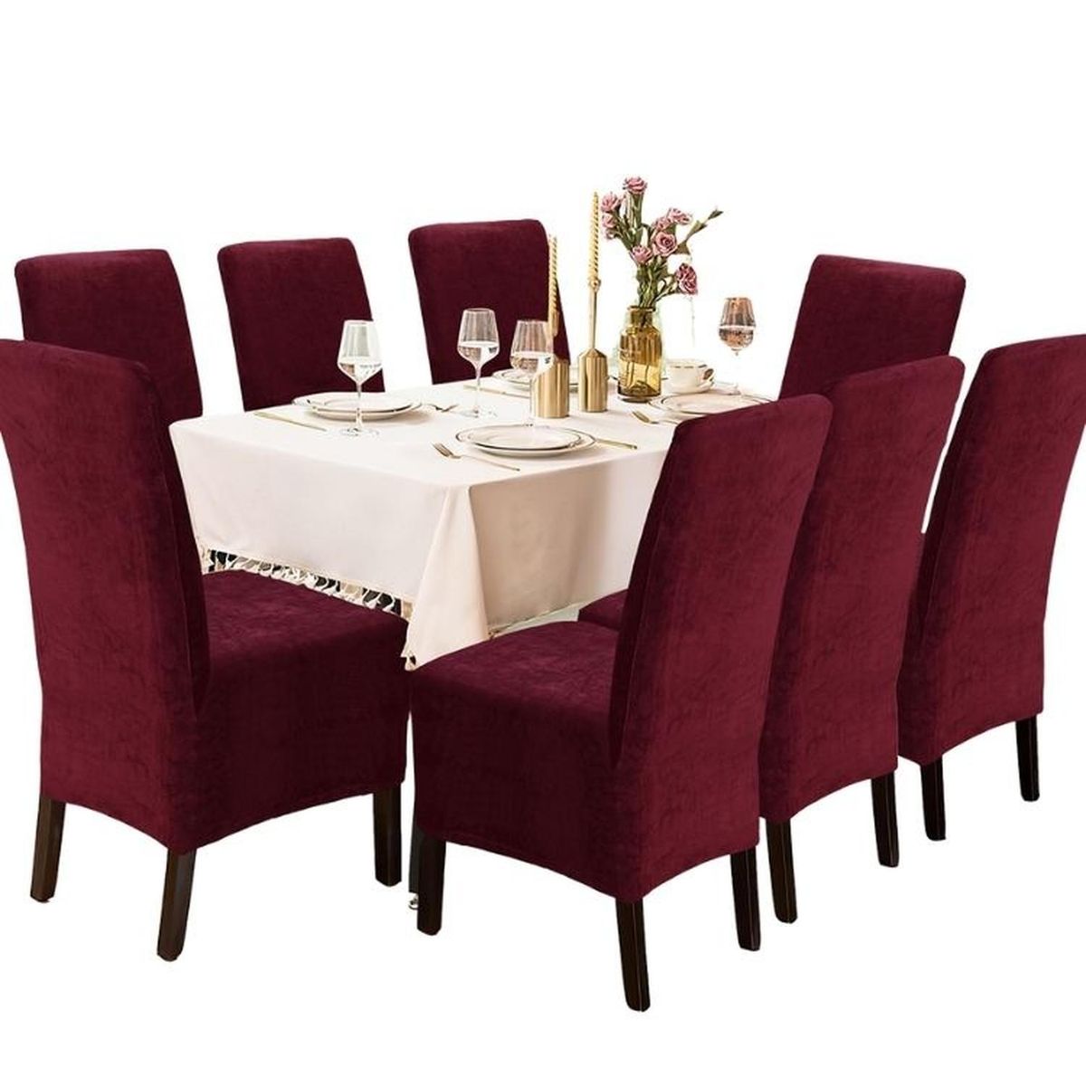 SALA FABULOSA - Funda de silla en terciopelo liso 8 piezas - Guinda