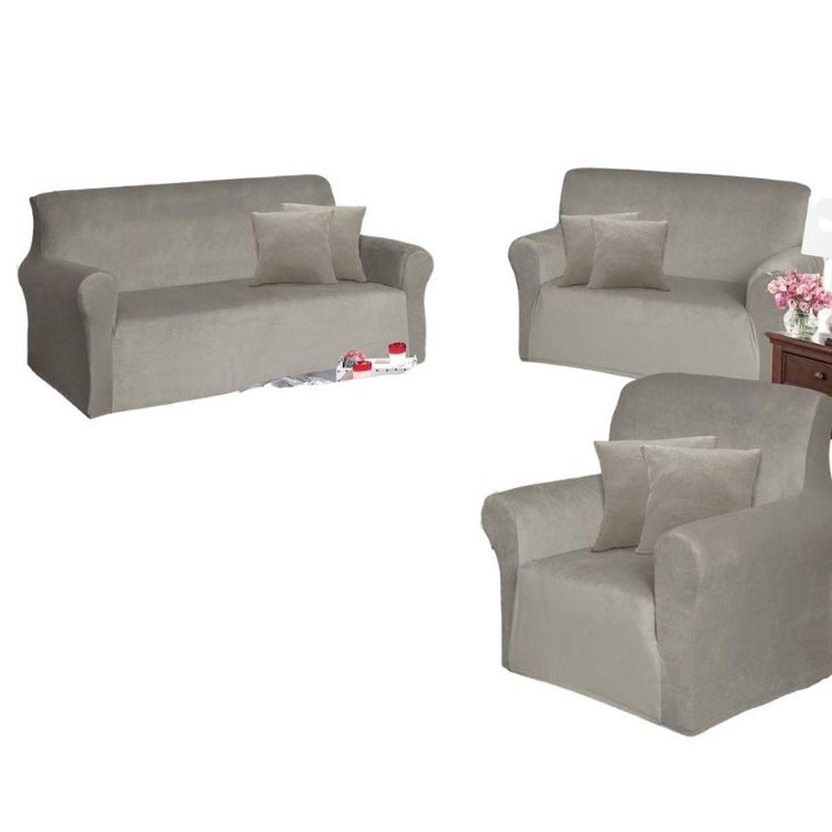 SALA FABULOSA - Funda de mueble 3-2-1 en terciopelo liso con 6 fundas de cojines - Rojo