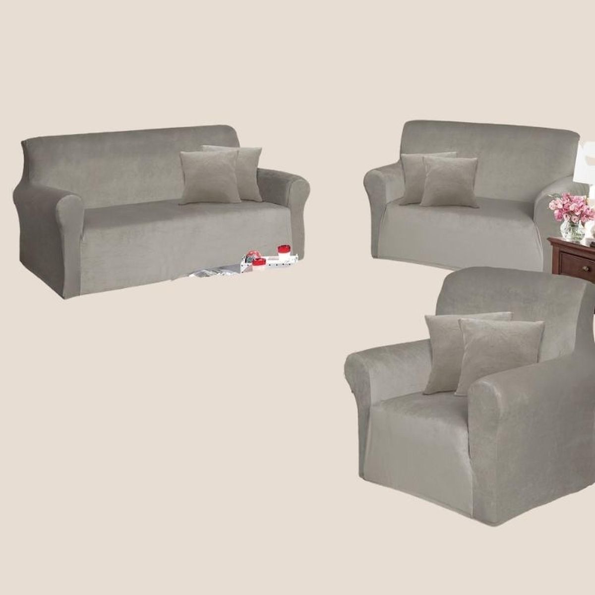 SALA FABULOSA - Funda de mueble 3-2-1 en terciopelo liso con 6 fundas de cojines - Rojo