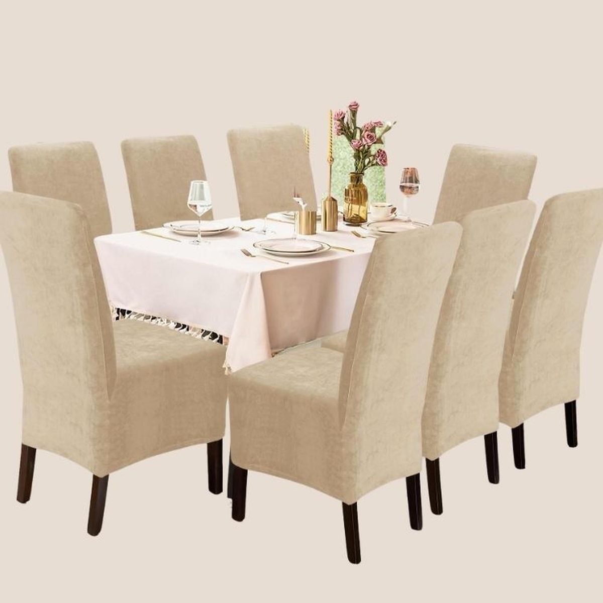 SALA FABULOSA - Funda de silla en terciopelo liso 8 piezas - Beige