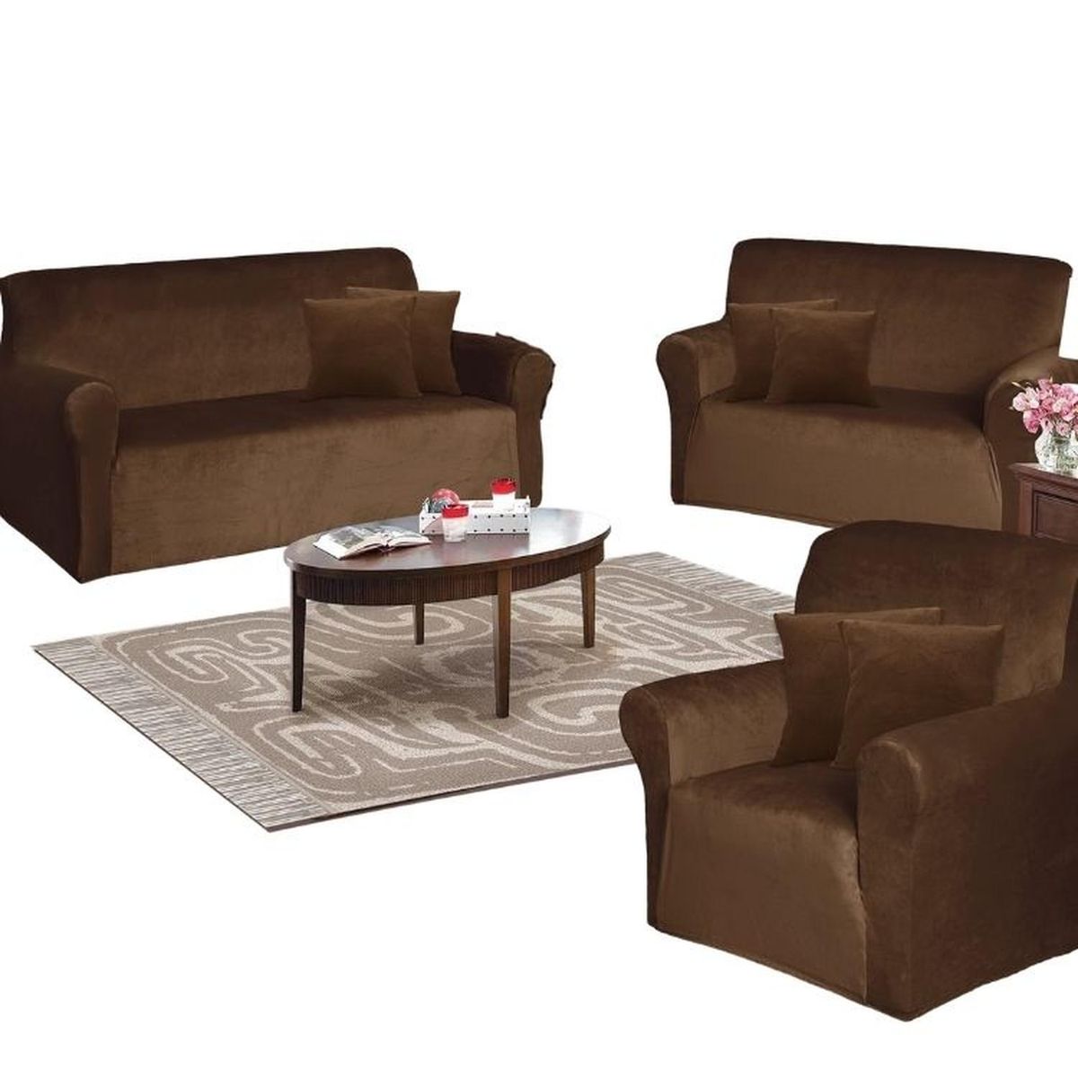 SALA FABULOSA - Funda de mueble 3-2-1 en terciopelo liso con 6 fundas de cojines - Chocolate