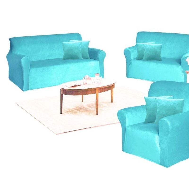SALA FABULOSA - Funda de mueble 3-2-1 en terciopelo liso con 6 fundas de cojines - Turquesa