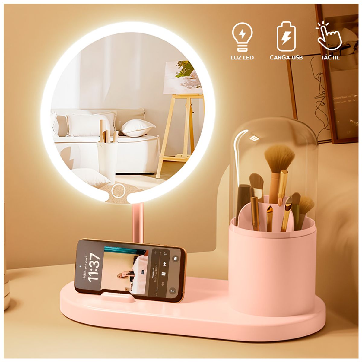 KELLER - Espejo LED con Organizador Giratorio de Maquillaje Rosado Y14