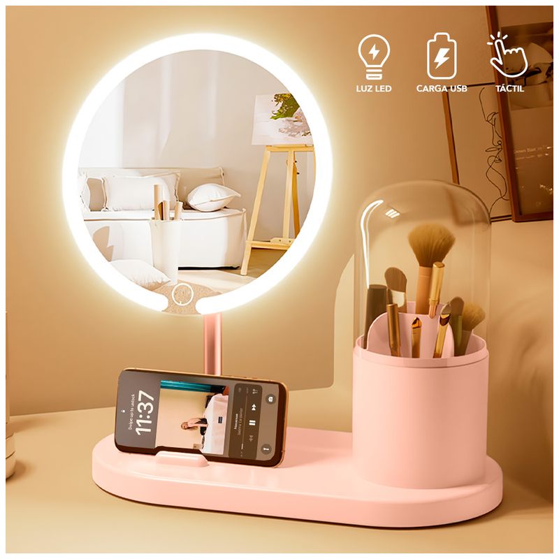 KELLER - Espejo LED con Organizador Giratorio de Maquillaje Rosado Y14