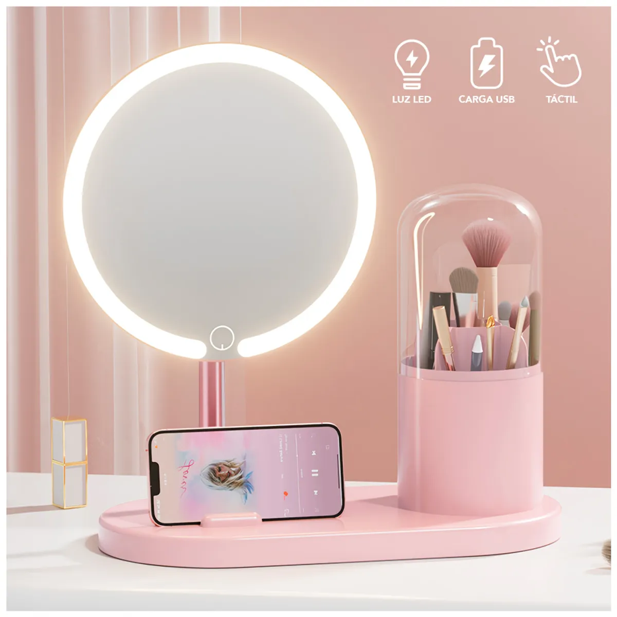 KELLER - Espejo LED con Organizador Giratorio de Maquillaje Rosado Y14