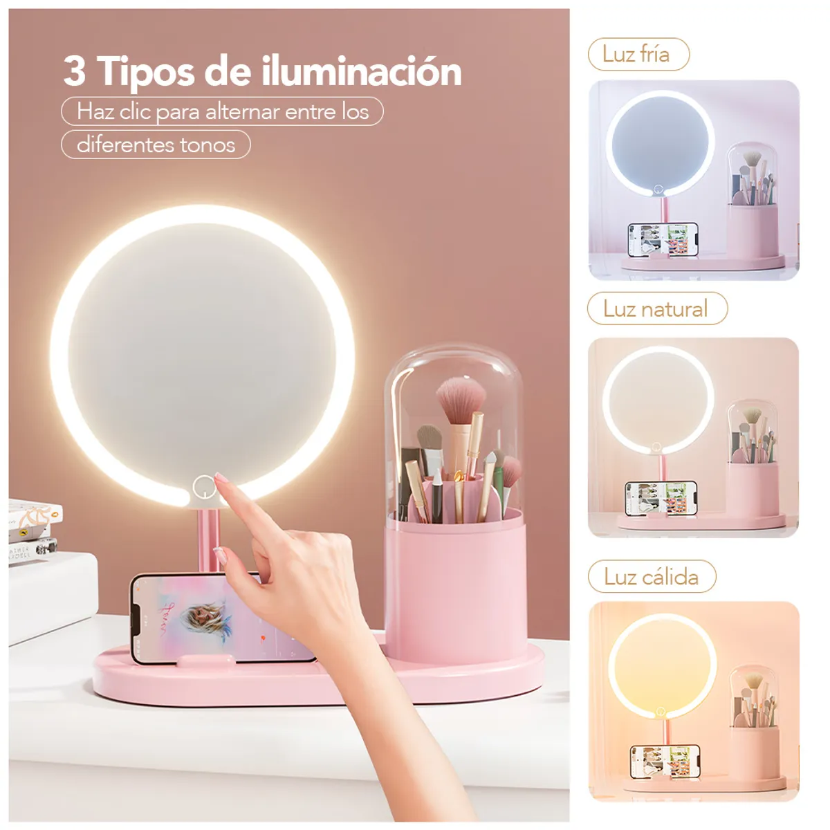 KELLER - Espejo LED con Organizador Giratorio de Maquillaje Rosado Y14