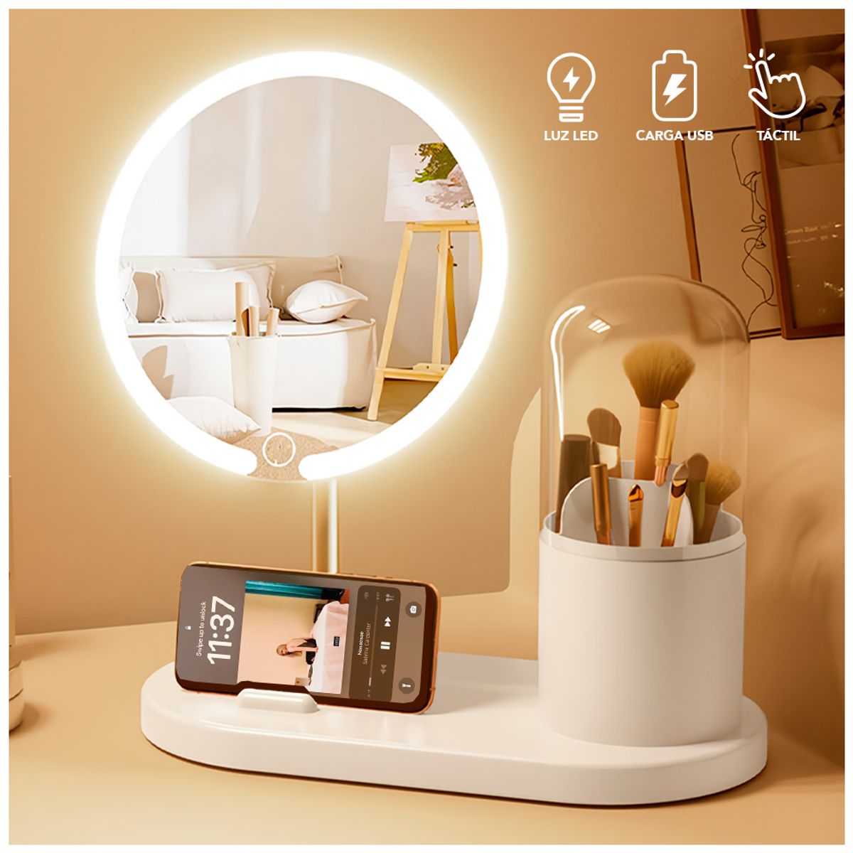 KELLER - Espejo LED con Organizador Giratorio de Maquillaje Blanco Y14