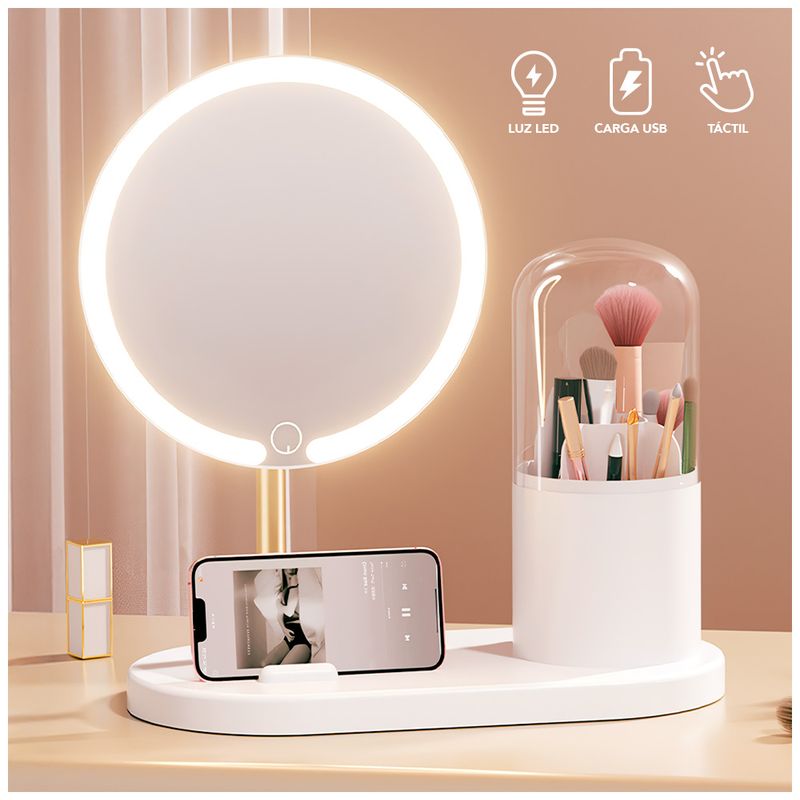 KELLER - Espejo LED con Organizador Giratorio de Maquillaje Blanco Y14