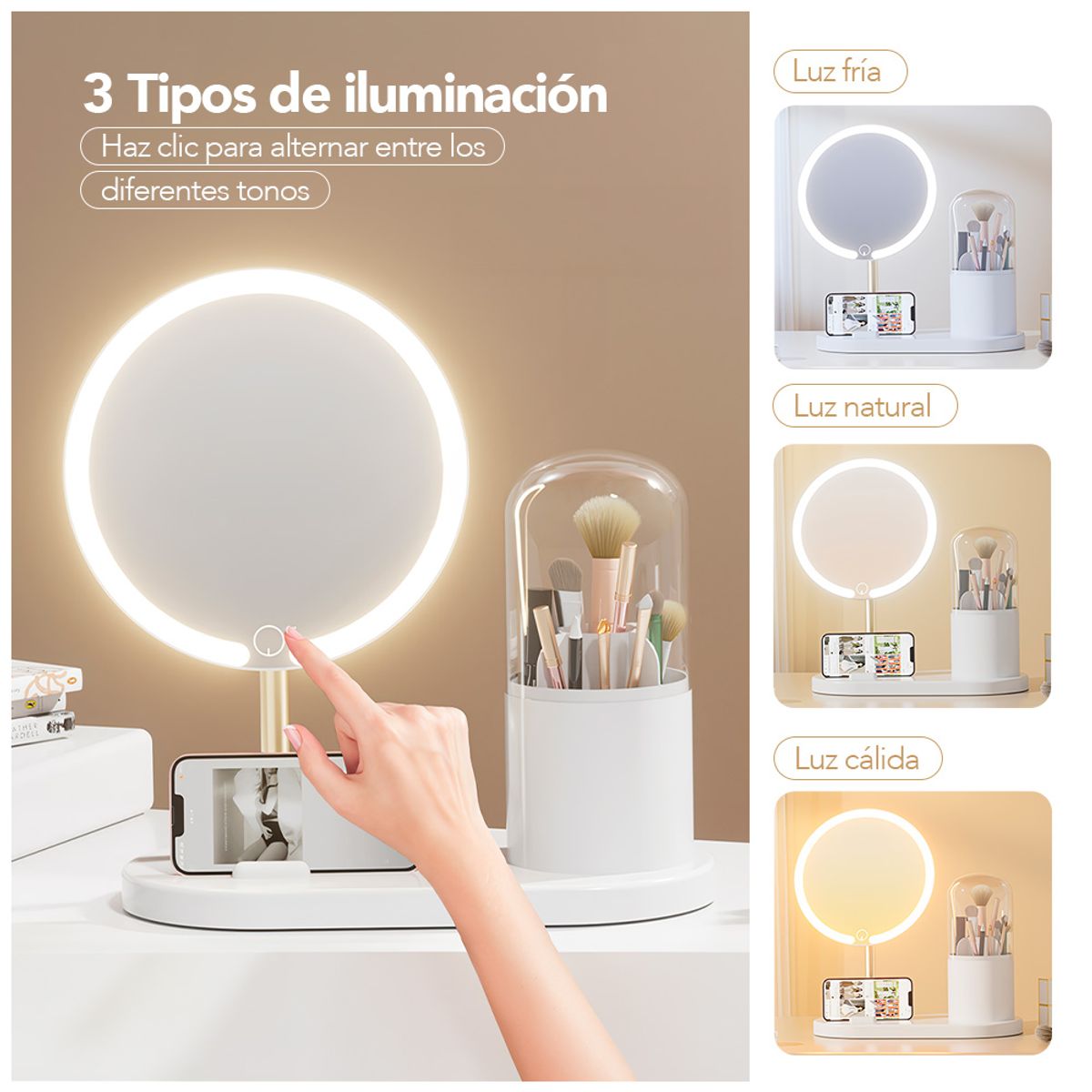 KELLER - Espejo LED con Organizador Giratorio de Maquillaje Blanco Y14