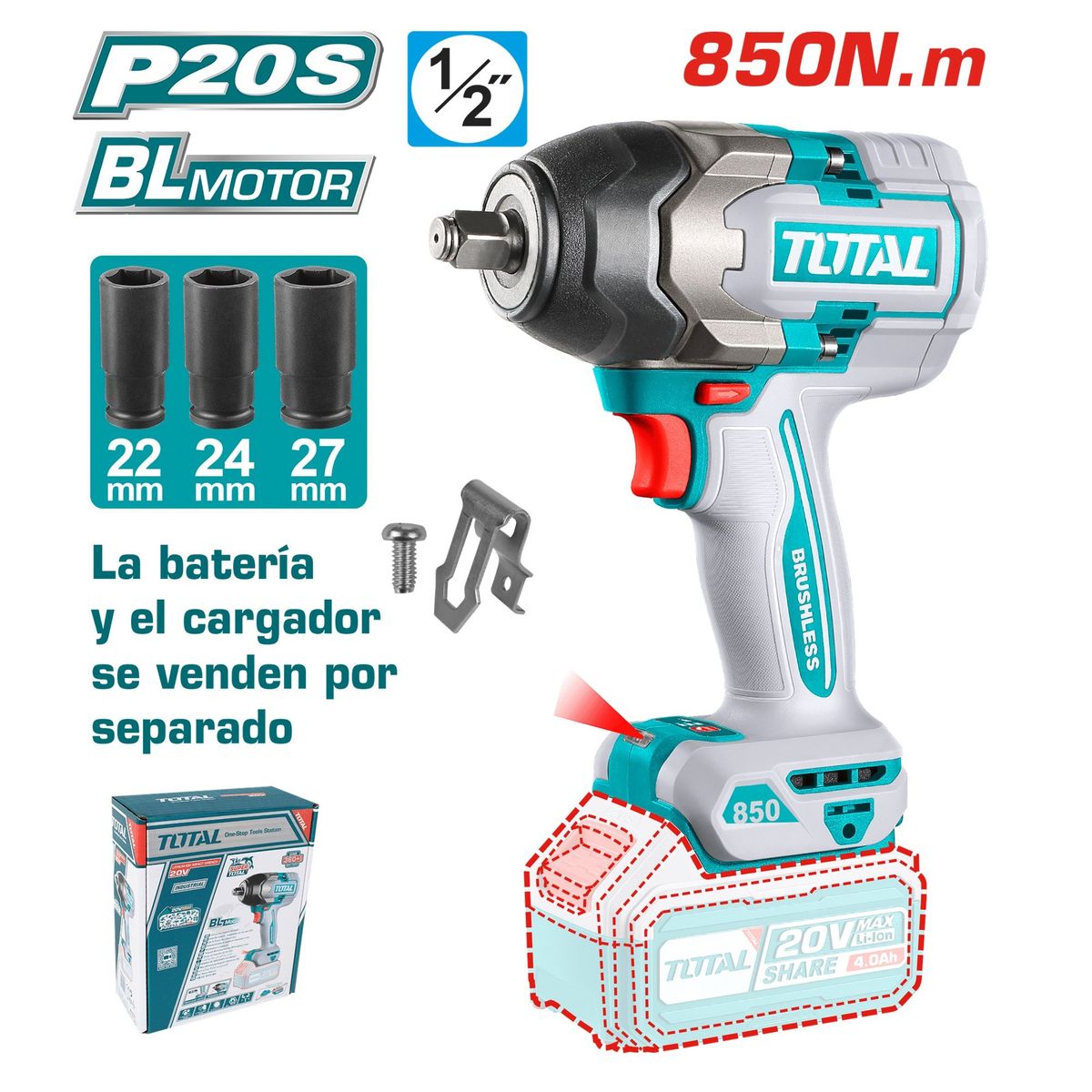 TOTAL TOOLS - LLAVE DE IMPACTO 1/2"  20V 850NM INDUSTRIAL BRUSHLESS TOTAL TIWLI20851