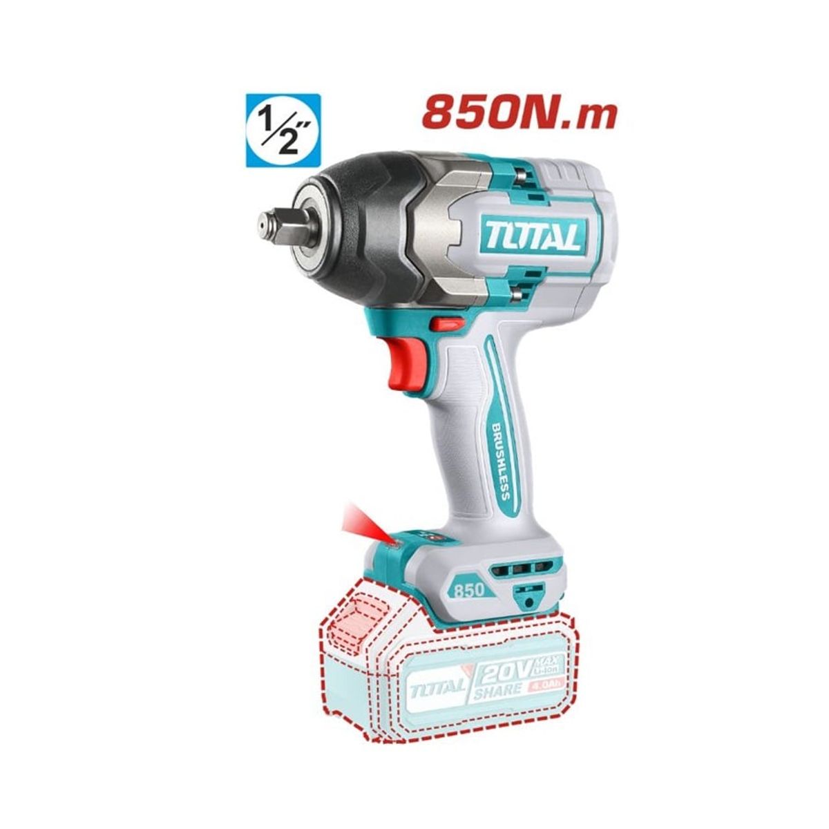 TOTAL TOOLS - LLAVE DE IMPACTO 1/2"  20V 850NM INDUSTRIAL BRUSHLESS TOTAL TIWLI20851