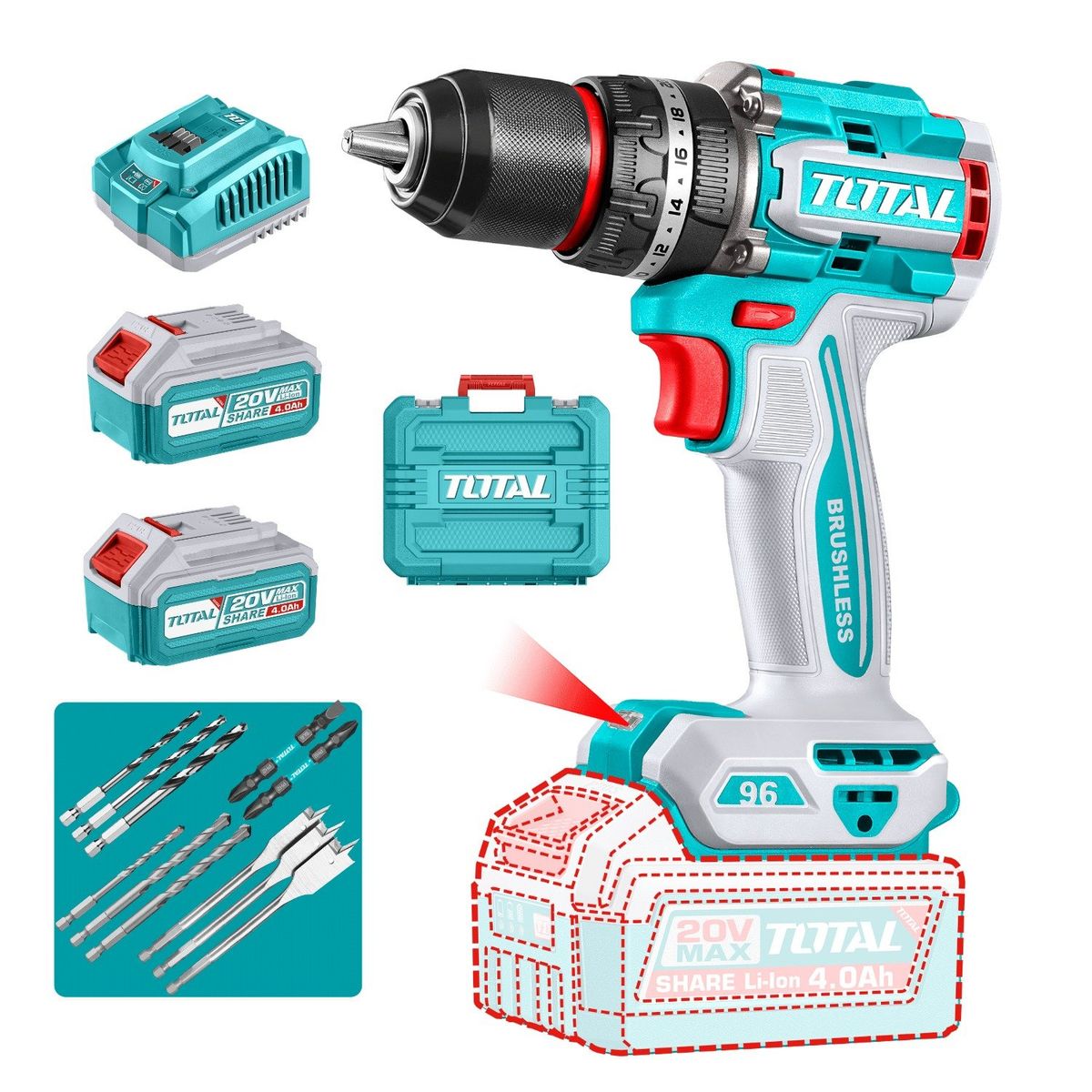 TOTAL TOOLS - Taladro percutor 96nm + 2 baterías 4ah industrial Total
