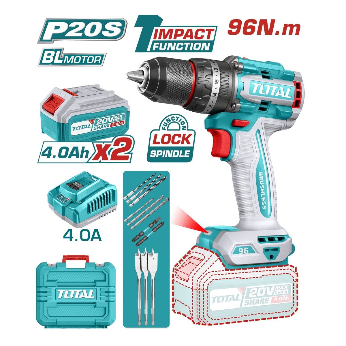 TOTAL TOOLS - Taladro percutor 96nm + 2 baterías 4ah industrial Total