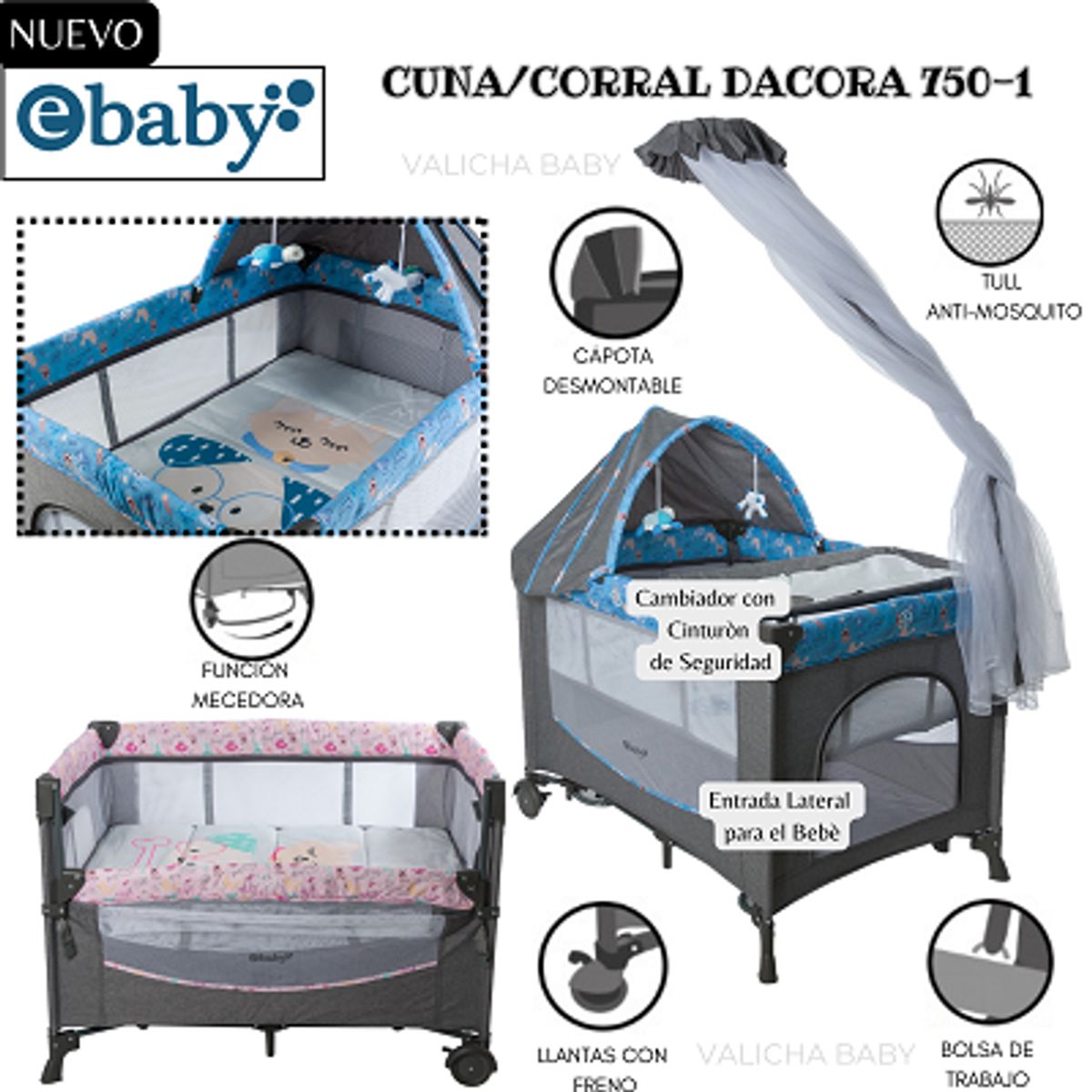 EBABY - CUNA CORRAL CON MECEDORA FUNCION COLECHO - DACORA- AZUL