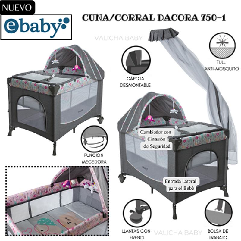 EBABY - CUNA CORRAL CON MECEDORA FUNCION COLECHO - DACORA- GRIS ROSADO