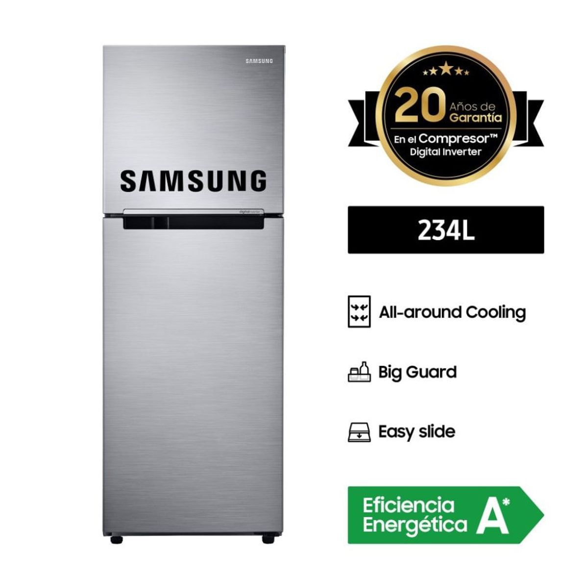 SAMSUNG - Refrigeradora Samsung RT22FARADS8PE Top Freezer 234L Plateado - Eficiencia Energética y Capacidad