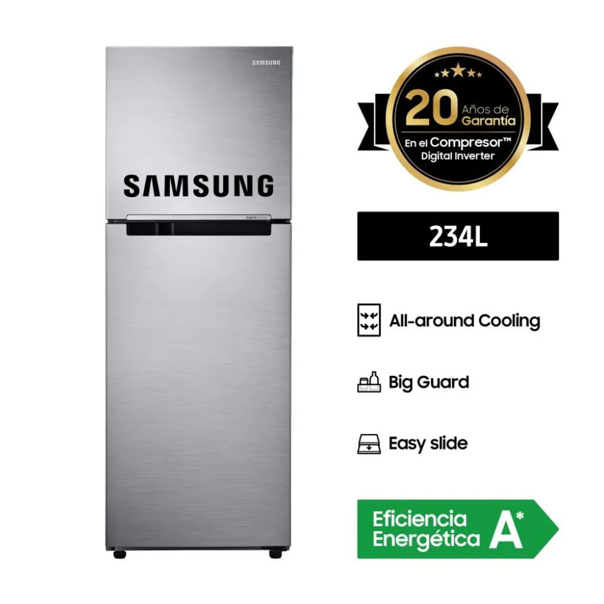 SAMSUNG - Refrigeradora Samsung RT22FARADS8PE Top Freezer 234L Plateado - Eficiencia Energética y Capacidad