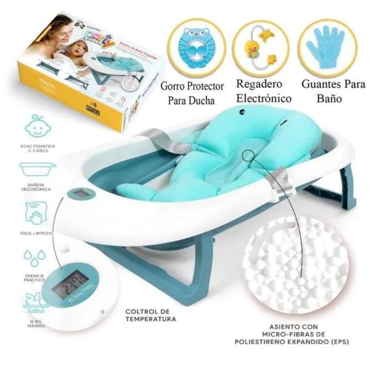BABY HAPPY - Bañera de bebé plegable con cojín acolchado de apoyo AZUL