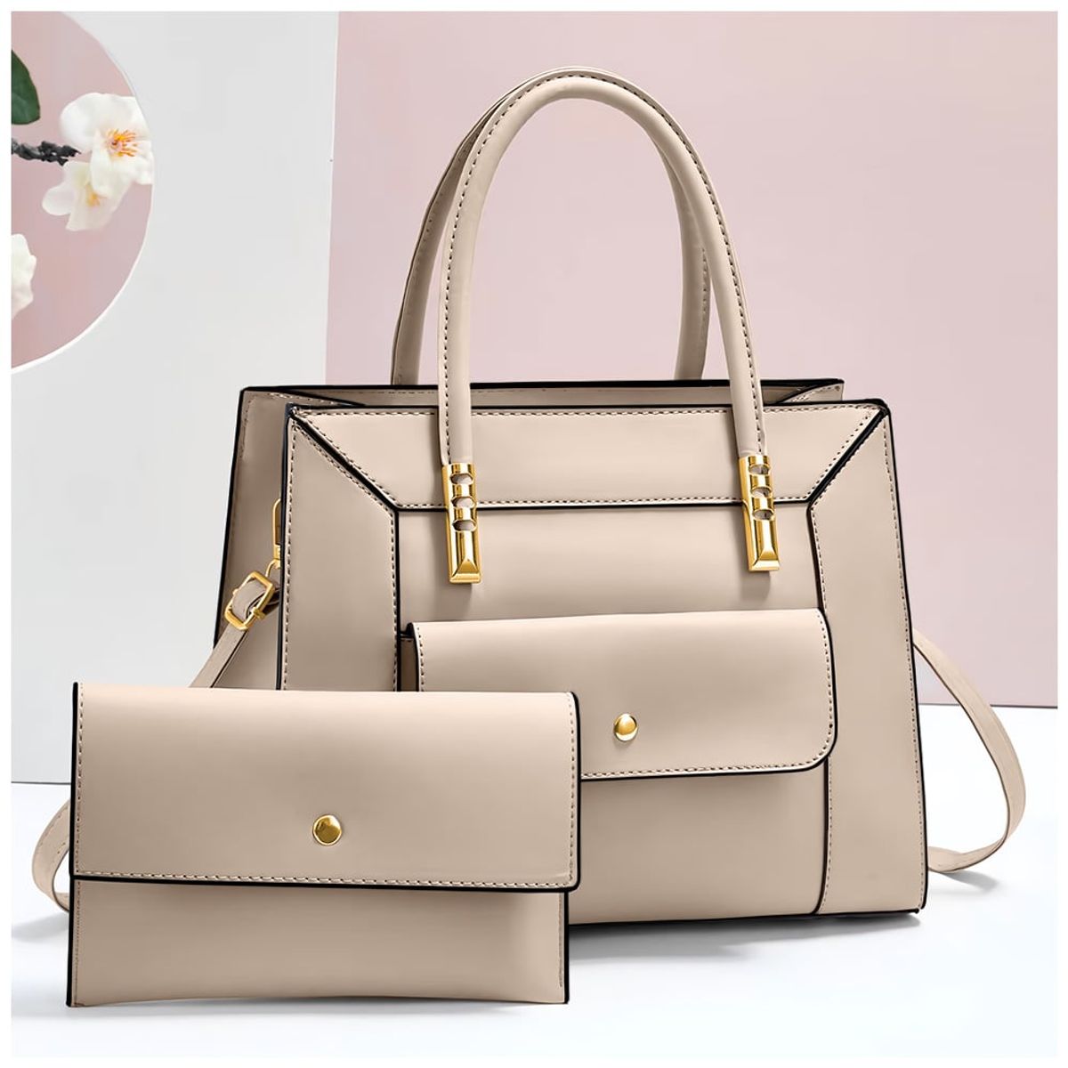 KELLER - Cartera de Mujer Elegante 2 Piezas con Bolsillo Delantero Beige GD7