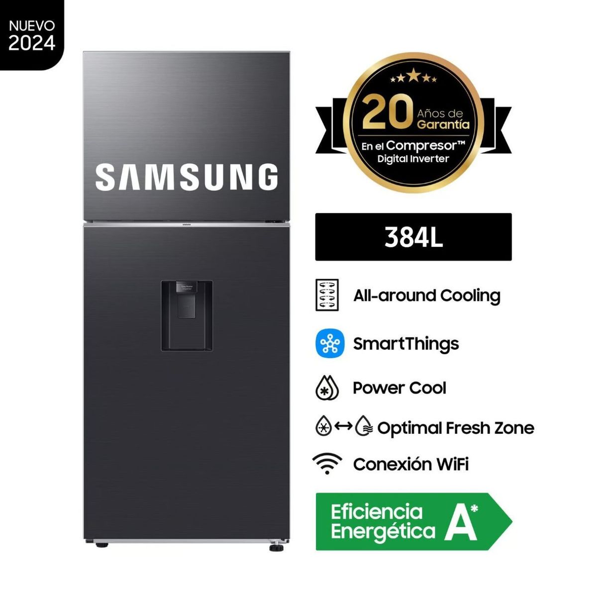 SAMSUNG - Refrigeradora Samsung 384 Litros Top Freezer All Around Cooling RT38DG6730B1PE - Negro