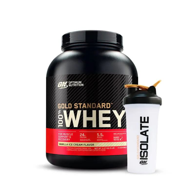 OPTIMUN NUTRITION - Proteína Gold Standard Whey 5lb - Optimum Nutrition - Vainilla Ice Cream Shaker Gratis