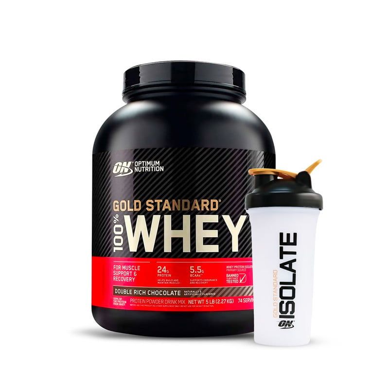 OPTIMUN NUTRITION - Proteína Gold Standard Whey 5lb - Optimum Nutrition - Double Rich Chocolate Shaker Gratis