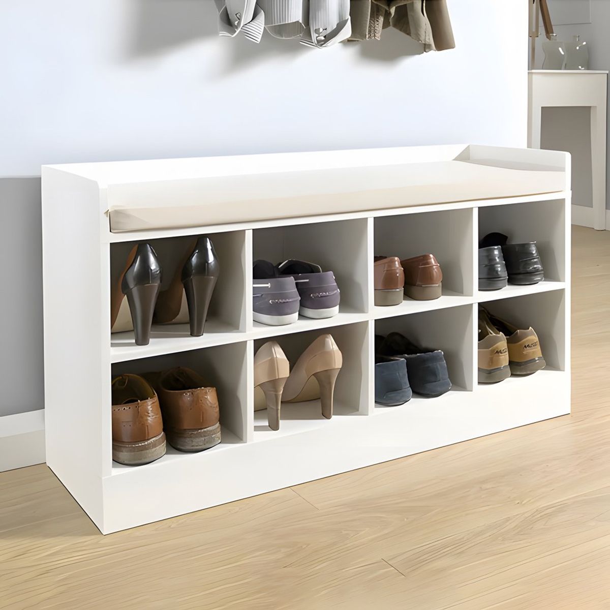 GENERICO - Zapatera Multifuncional Con Asiento Bartux Blanco 8 Pares Huk