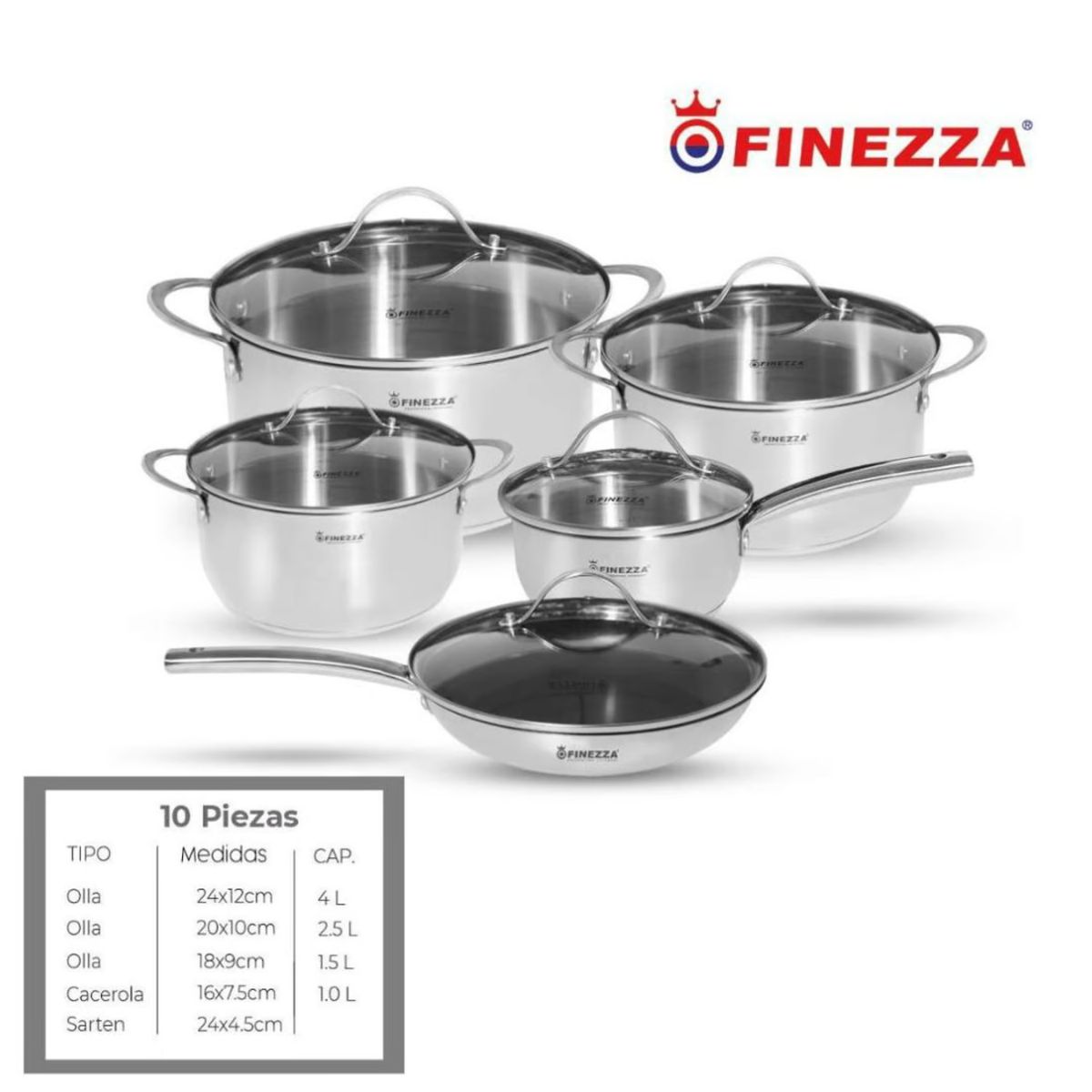 FINEZZA - JUEGO DE OLLAS FINEZZA ACERO INOXIDABLE 10 Pzas FZ-982AE