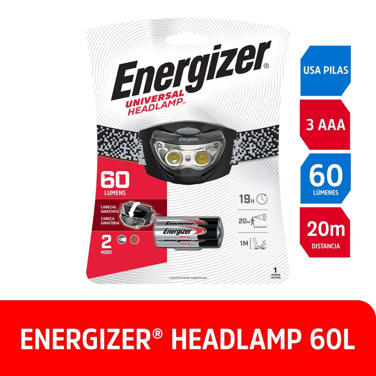 ENERGIZER - Linterna Frontal ENERGIZER 60 Lumenes 2 modos 20 mts