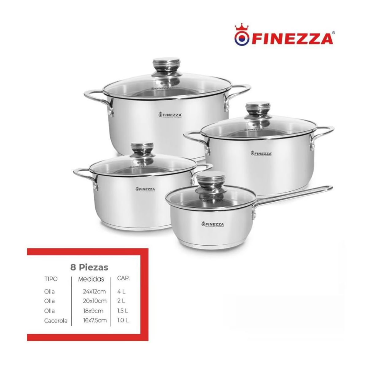 FINEZZA - JUEGO DE OLLAS FINEZZA  ACERO INOXIDABLE 8 Pzas FZ-980AE