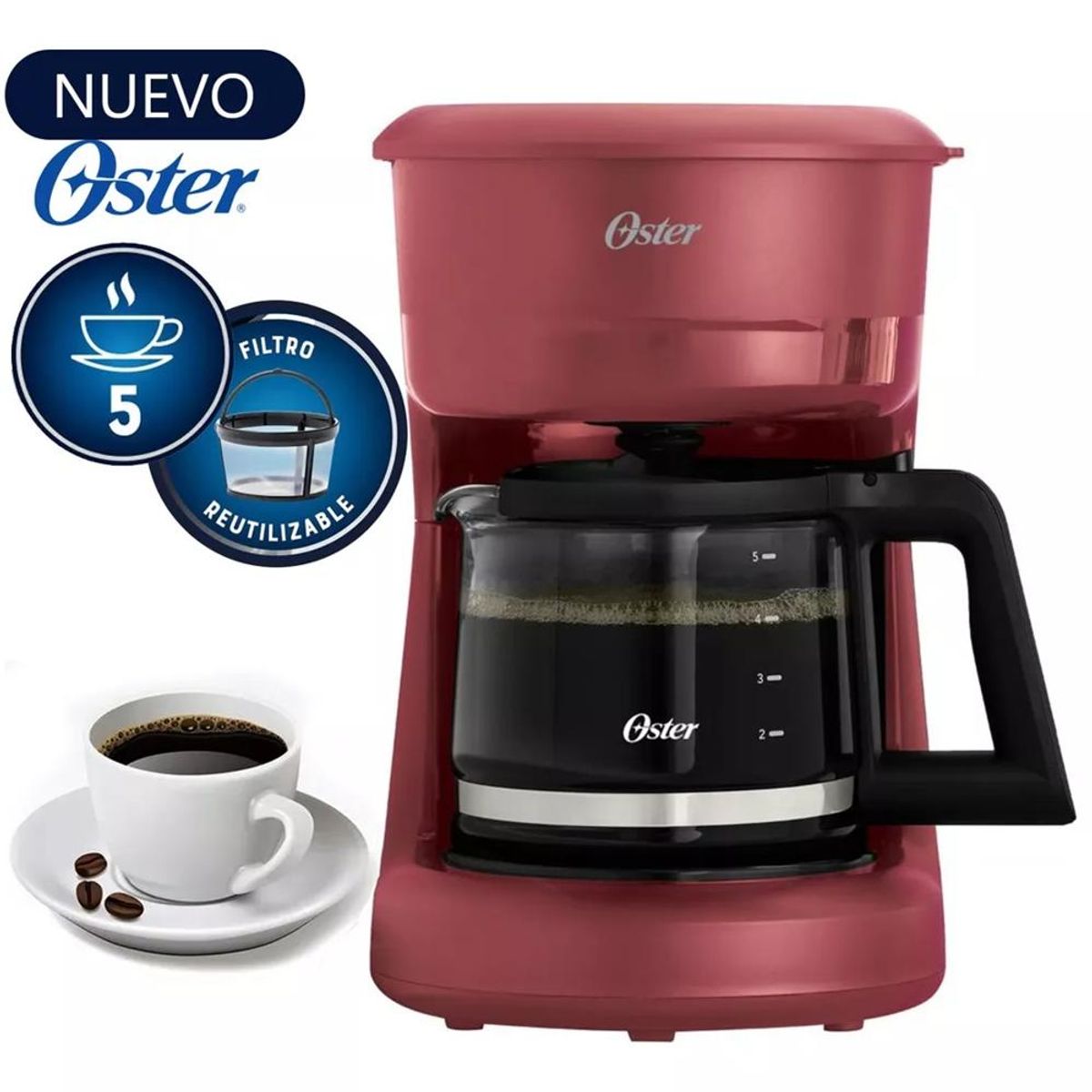 OSTER - Cafetera Oster 5 Tazas BVSTDCS51R Rojo – Filtro Reutilizable