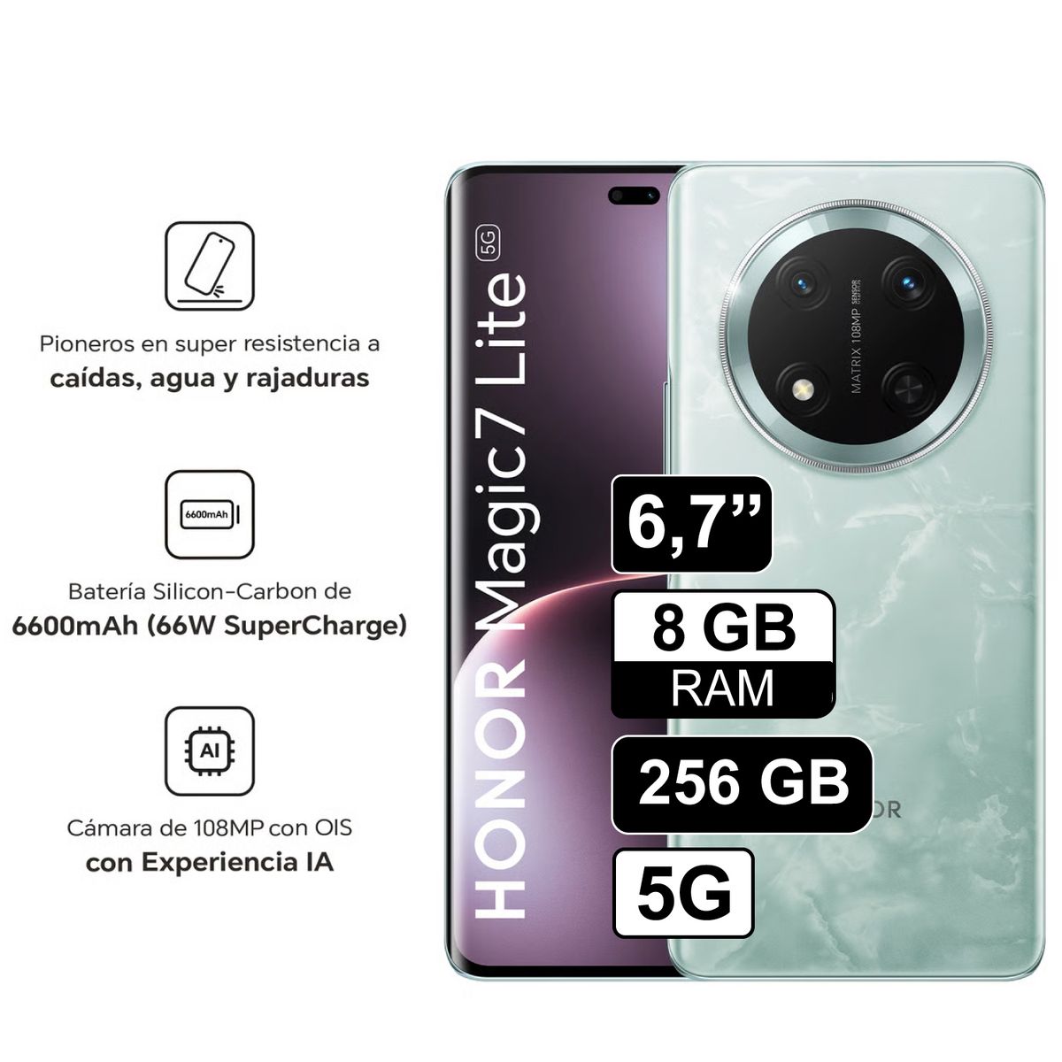 HONOR - Celular Honor Magic7 Lite 5G 256GB 8GB RAM cámara 108MP + 5MP frontal 16MP 67 Pulg Verde
