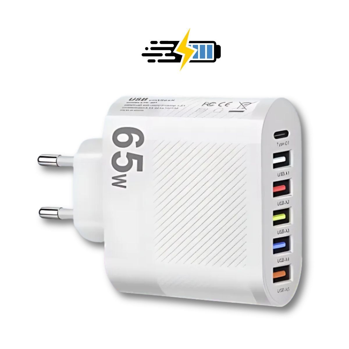 GENERICO - Cargador de pared 6 Puertos USB - USB C 65w carga rápida