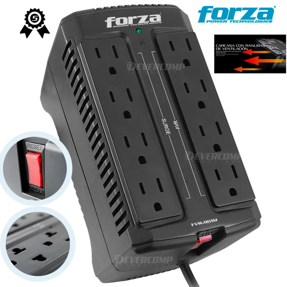 FORZA - Estabilizador Forza FVR-902 900VA/450W 8 Tomas